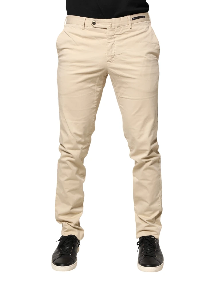 Beige Mid Waist Men Skinny Fit Chino Trouser Pants
