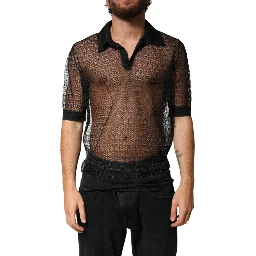 Black Sheer Short Sleeves Casual Polo  Top