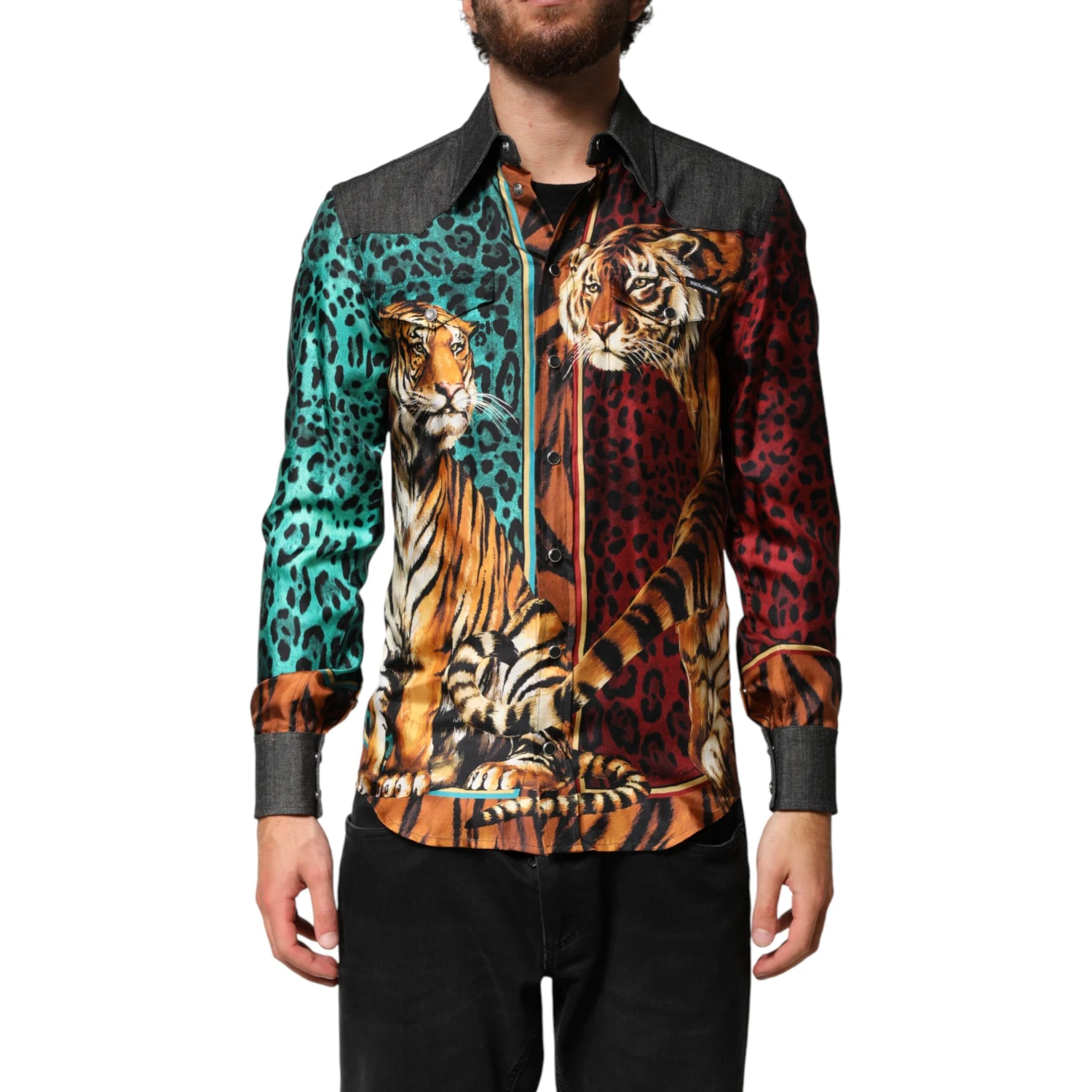 Multicolor Tiger Leopard Print Silk Men Shirt