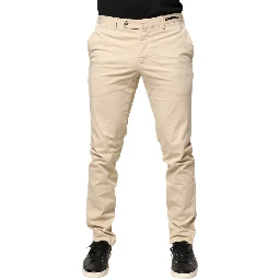 Beige Mid Waist Men Skinny Fit Chino Trouser Pants