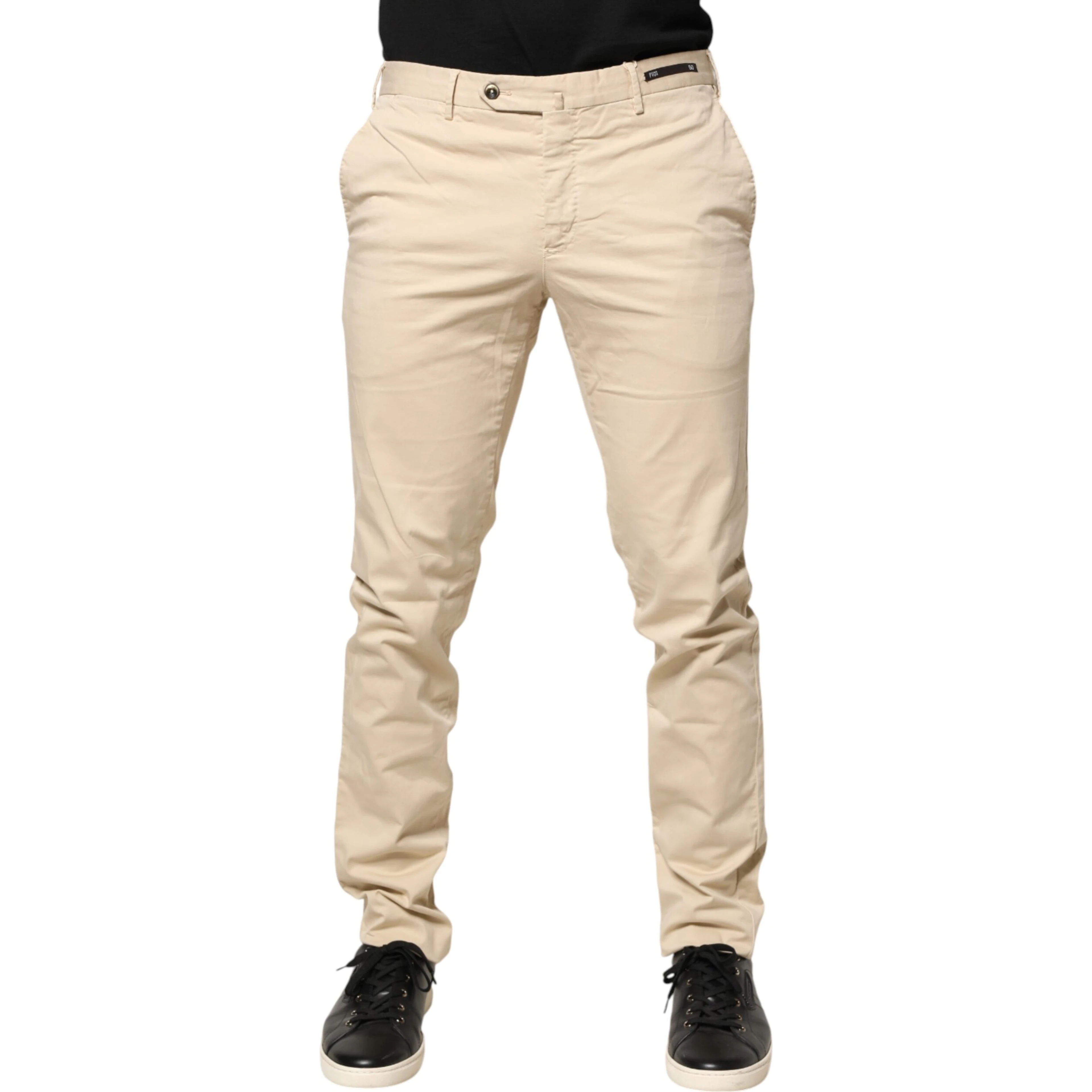 Beige Mid Waist Men Skinny Fit Chino Trouser Pants