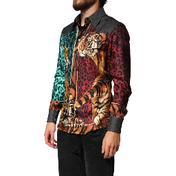 Multicolor Tiger Leopard Print Silk Men Shirt