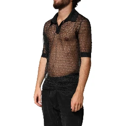 Black Sheer Short Sleeves Casual Polo  Top
