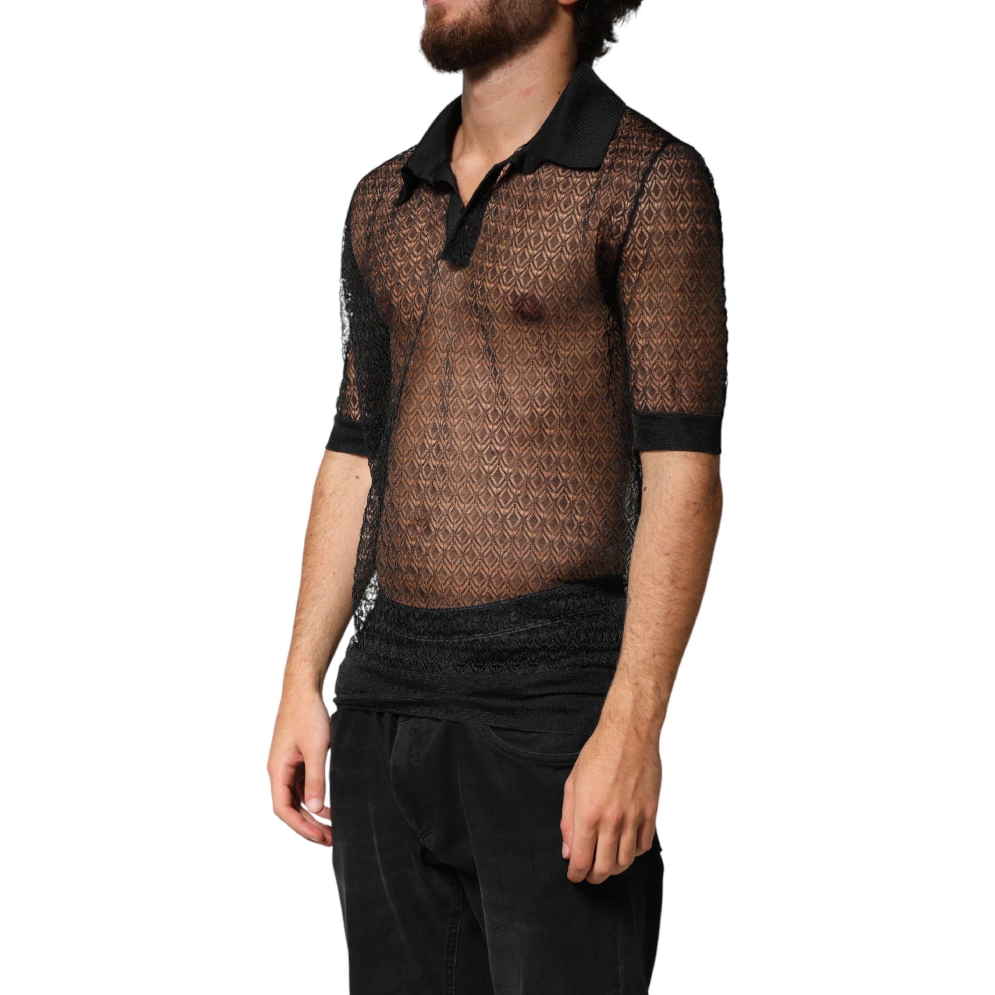 Black Sheer Short Sleeves Casual Polo  Top