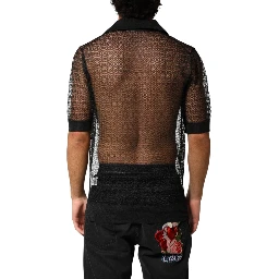 Black Sheer Short Sleeves Casual Polo  Top
