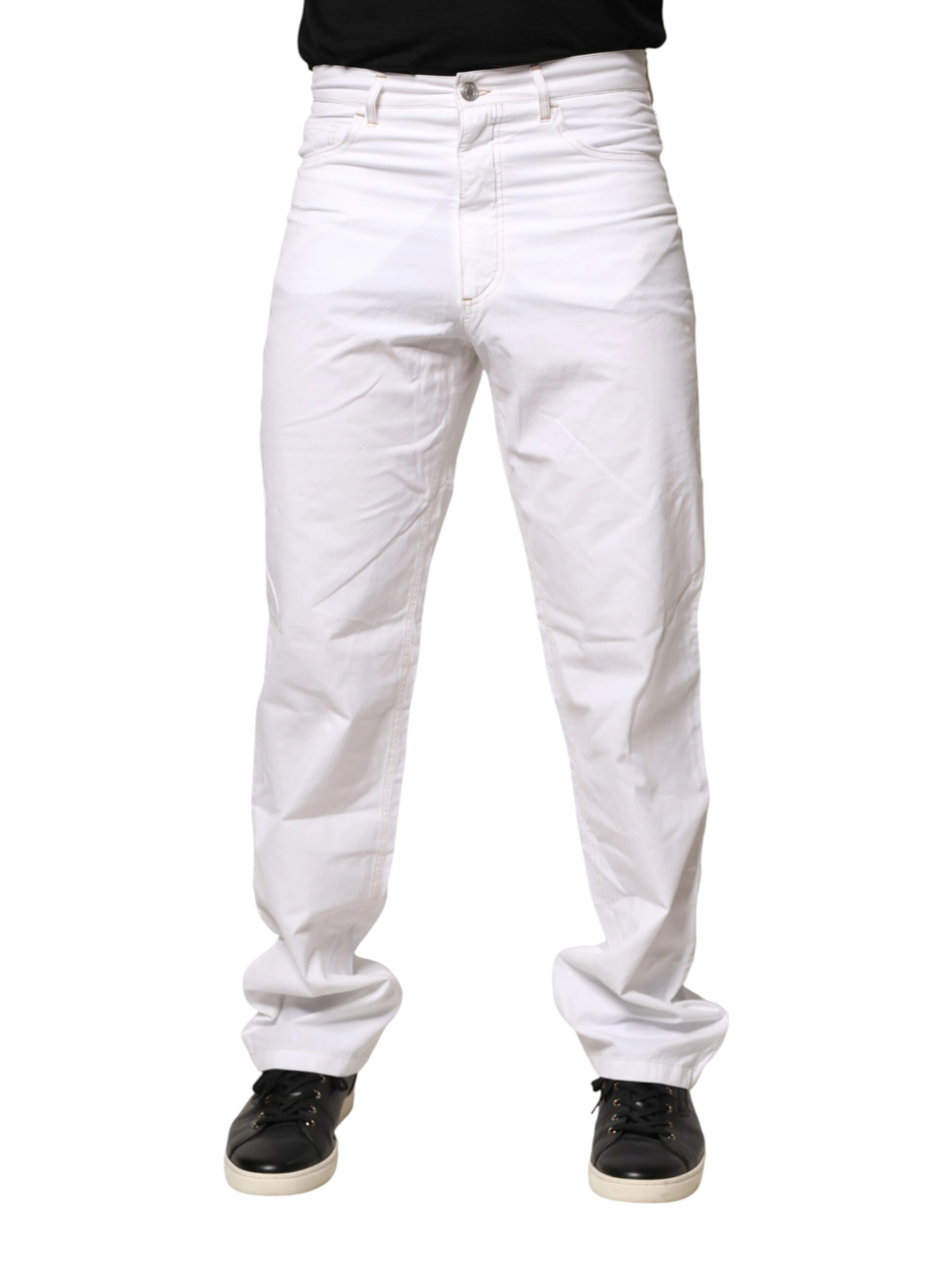 White Cotton Mid Waist Straight Men Denim Jeans