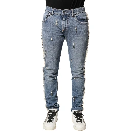 Blue Embellished Cotton Skinny Denim Jeans
