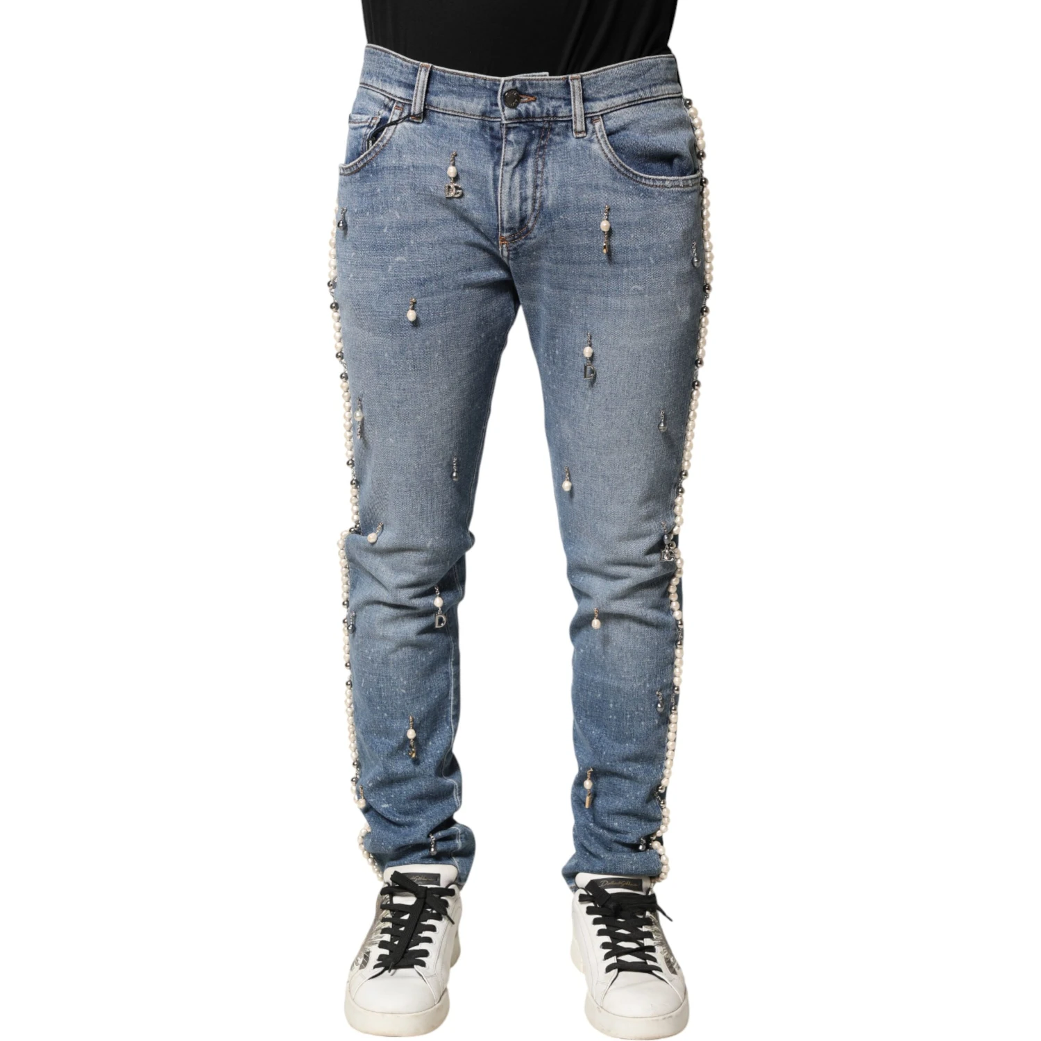 Blue Embellished Cotton Skinny Denim Jeans