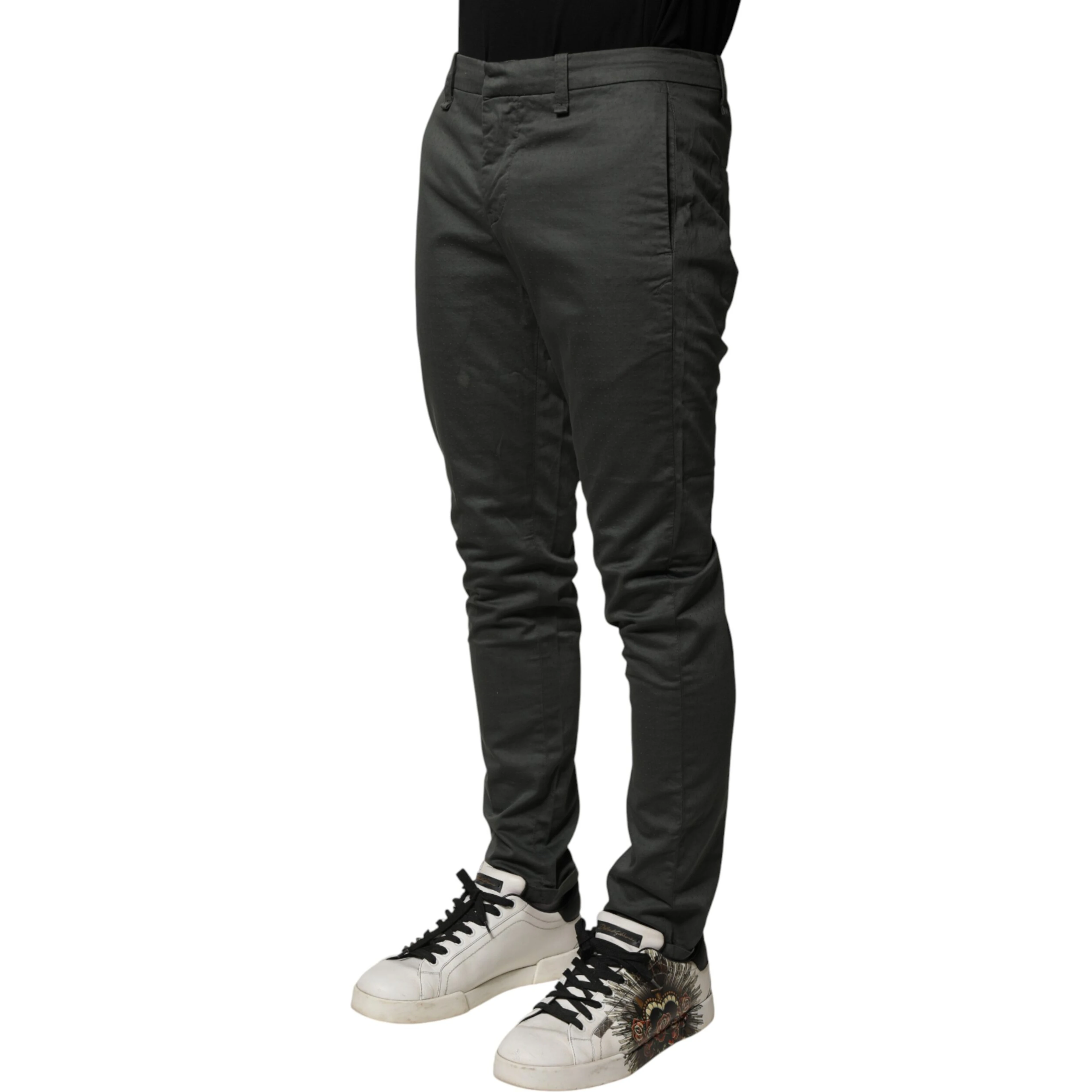 Dark Gray Cotton Mid Waist Skinny Men Chino Trouser Pants