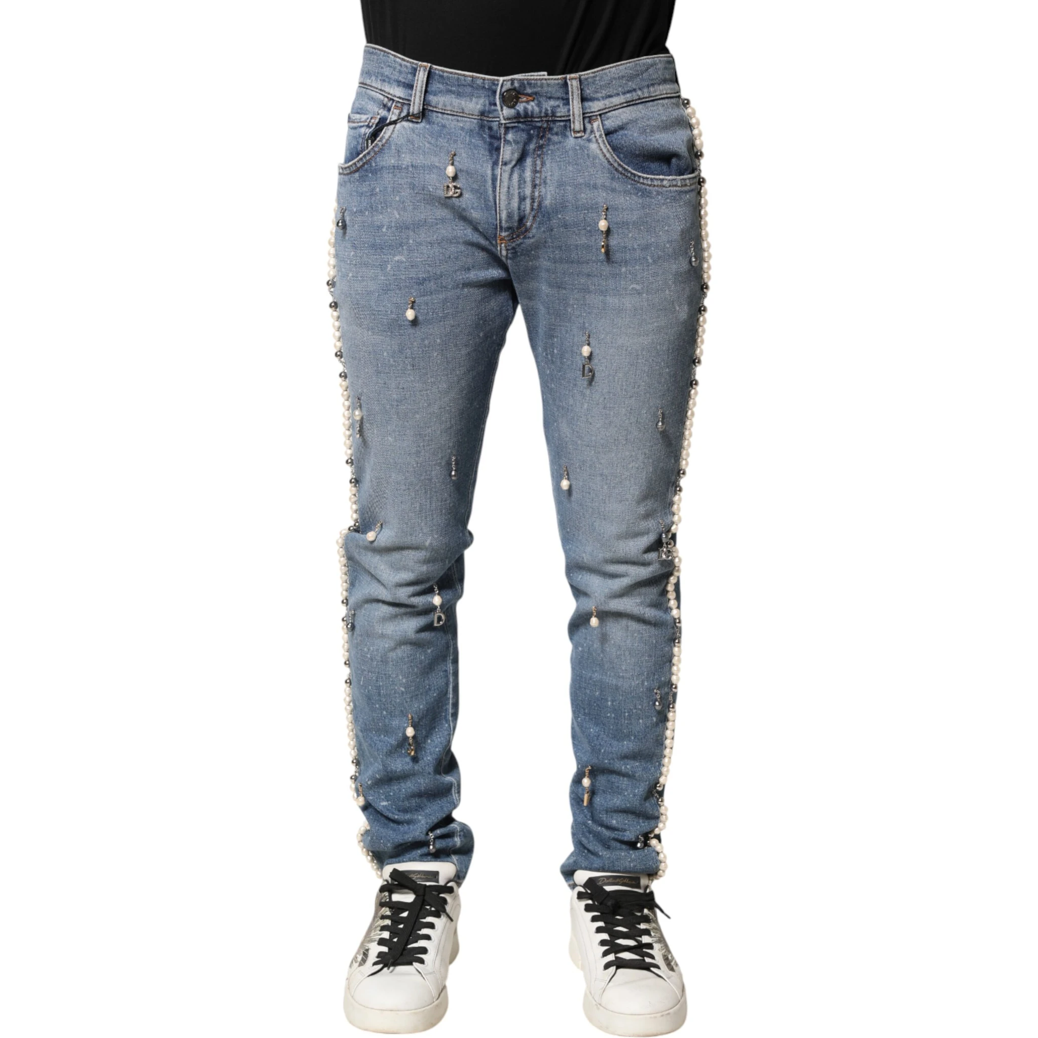 Blue Embellished Cotton Skinny Denim Jeans