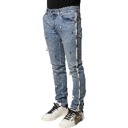 Blue Embellished Cotton Skinny Denim Jeans