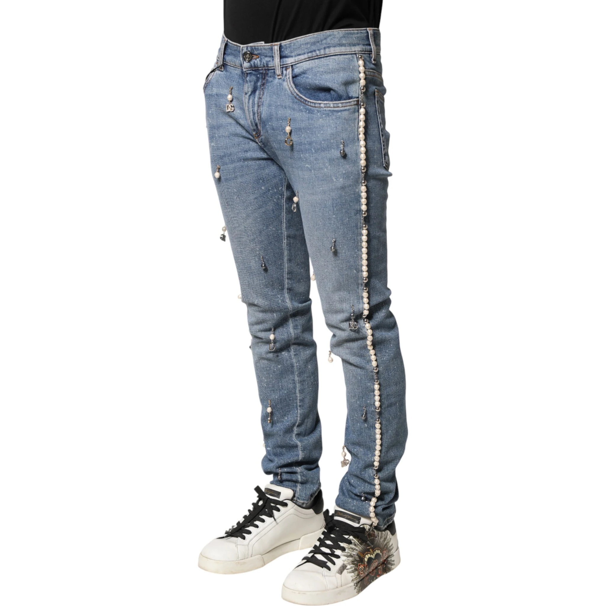Blue Embellished Cotton Skinny Denim Jeans