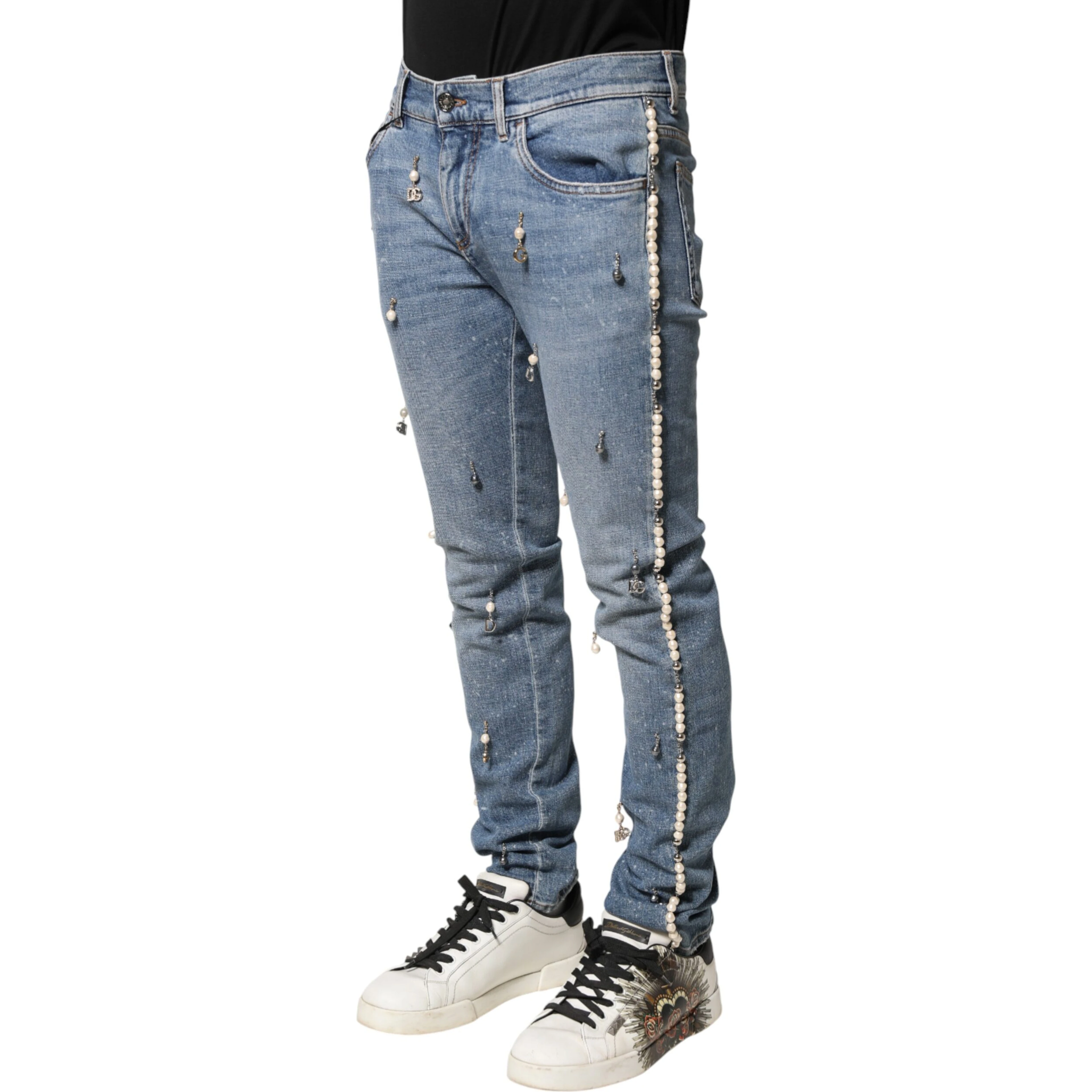 Blue Embellished Cotton Skinny Denim Jeans