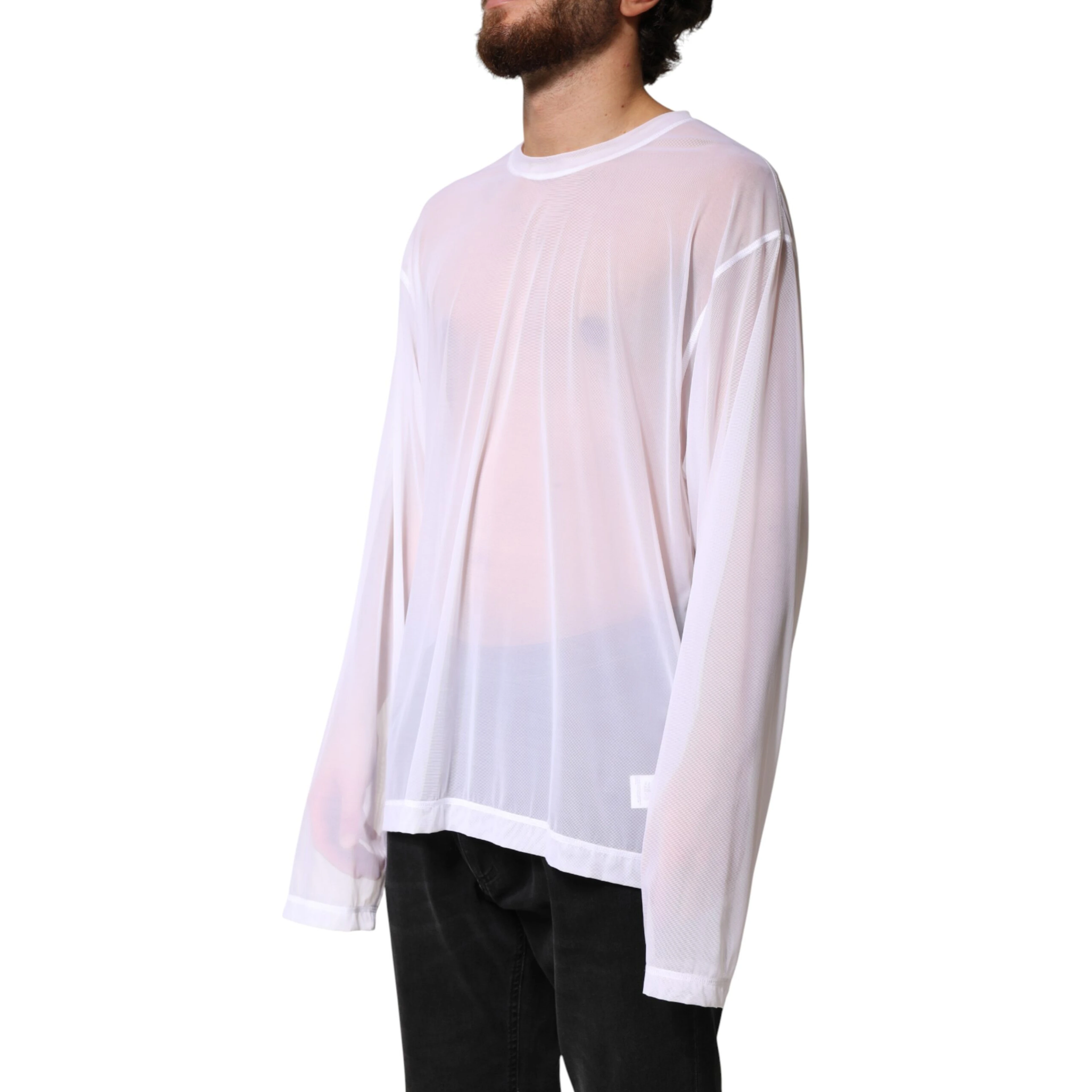White Nylon Long Sleeves Crewneck T-Shirt