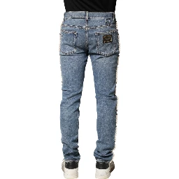 Blue Embellished Cotton Skinny Denim Jeans