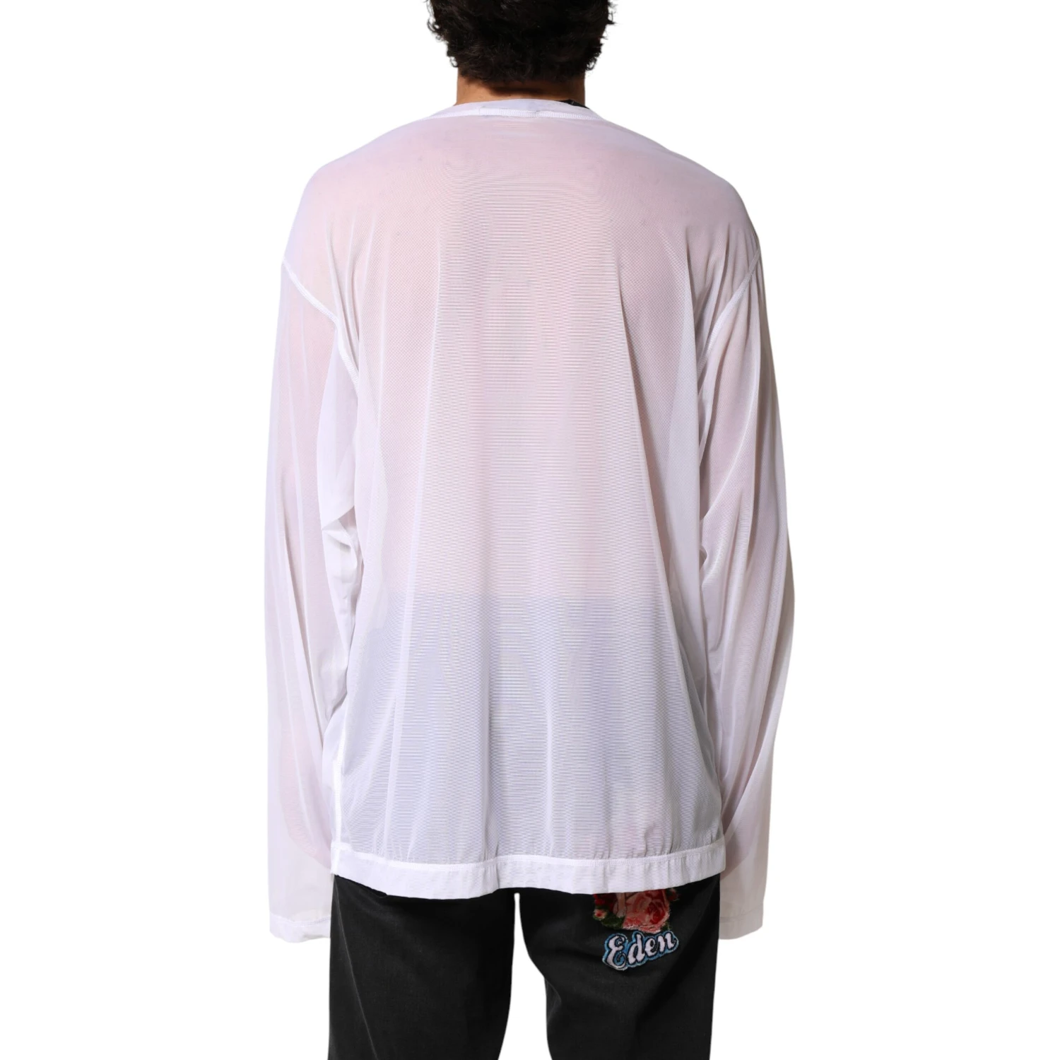 White Nylon Long Sleeves Crewneck T-Shirt