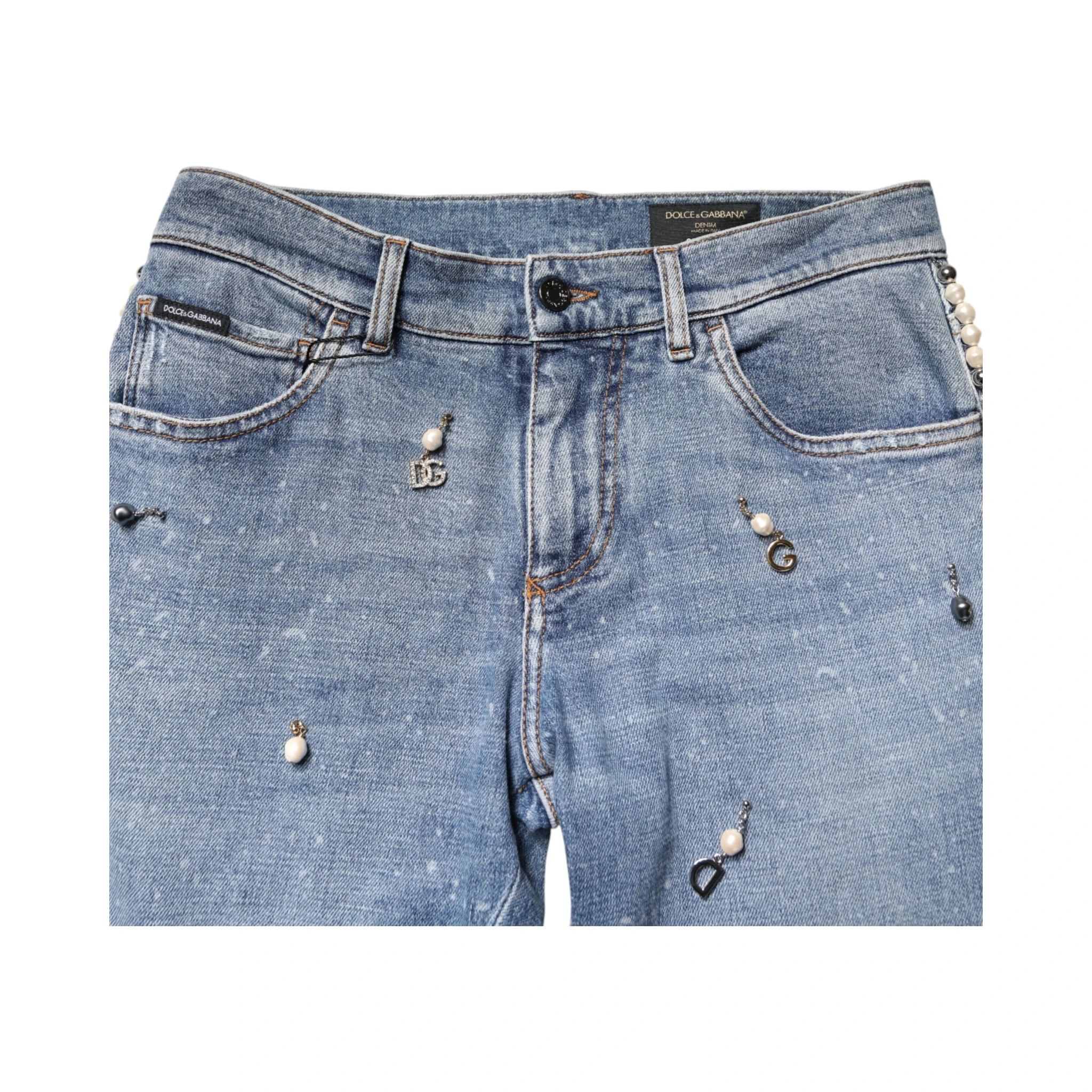 Blue Embellished Cotton Skinny Denim Jeans