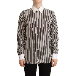 Black White Striped Long Sleeves Collared Top