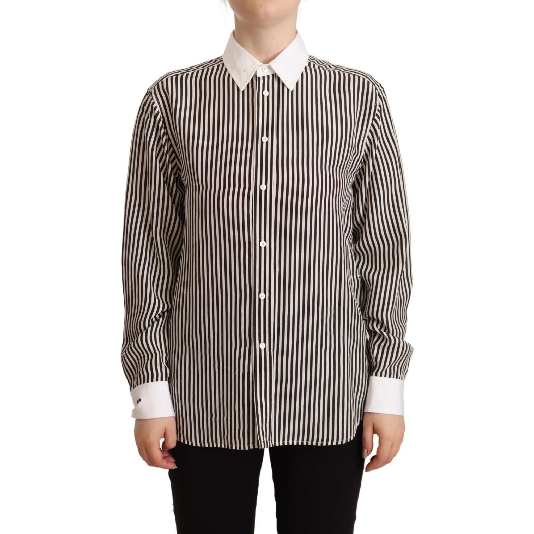 Black White Striped Long Sleeves Collared Top