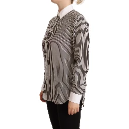Black White Striped Long Sleeves Collared Top
