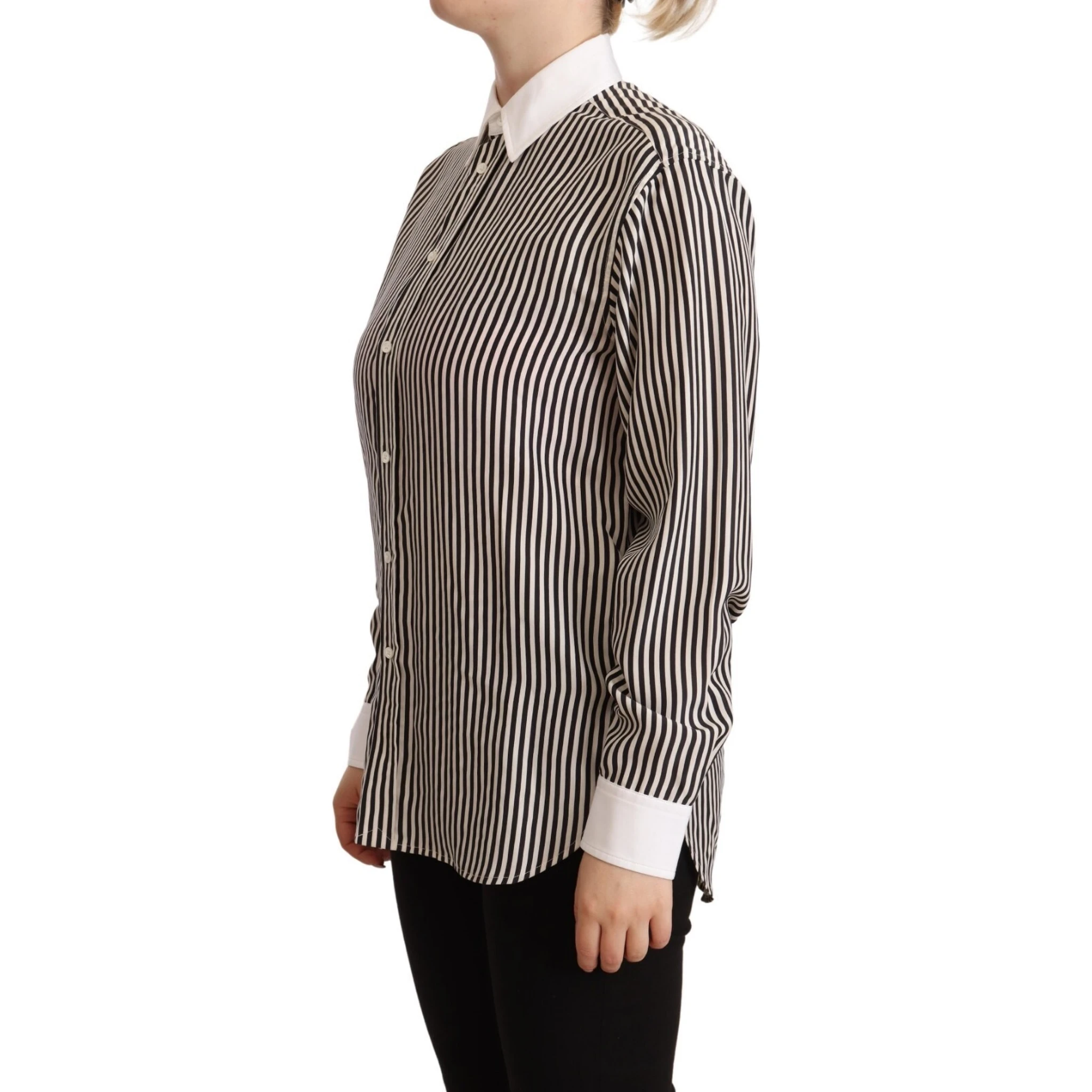 Black White Striped Long Sleeves Collared Top
