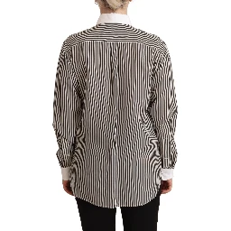 Black White Striped Long Sleeves Collared Top