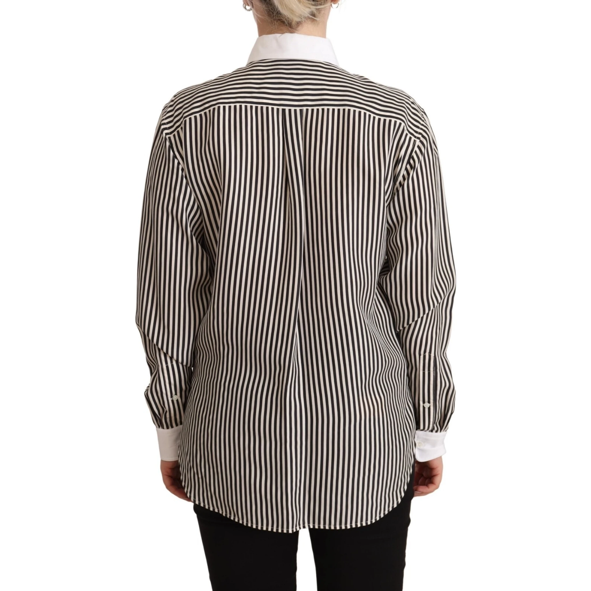 Black White Striped Long Sleeves Collared Top