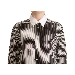 Black White Striped Long Sleeves Collared Top