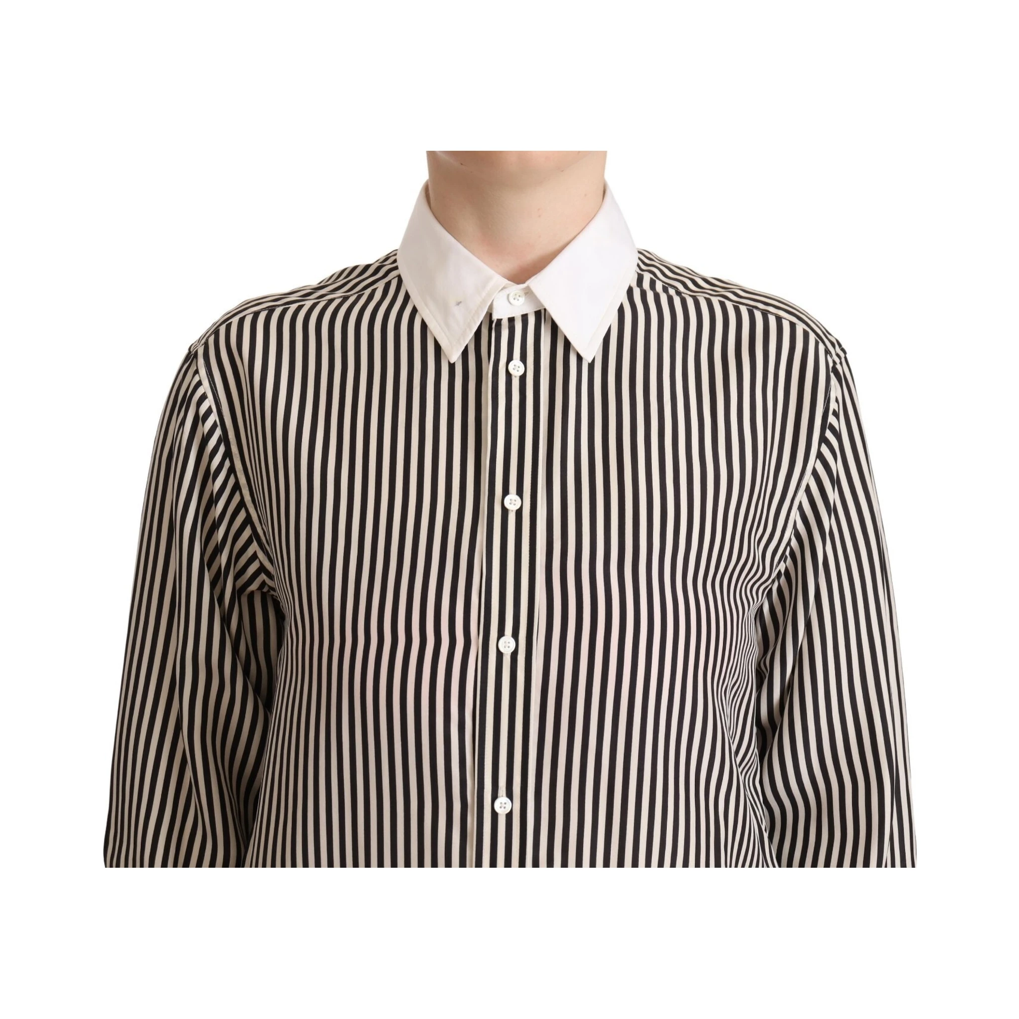 Black White Striped Long Sleeves Collared Top