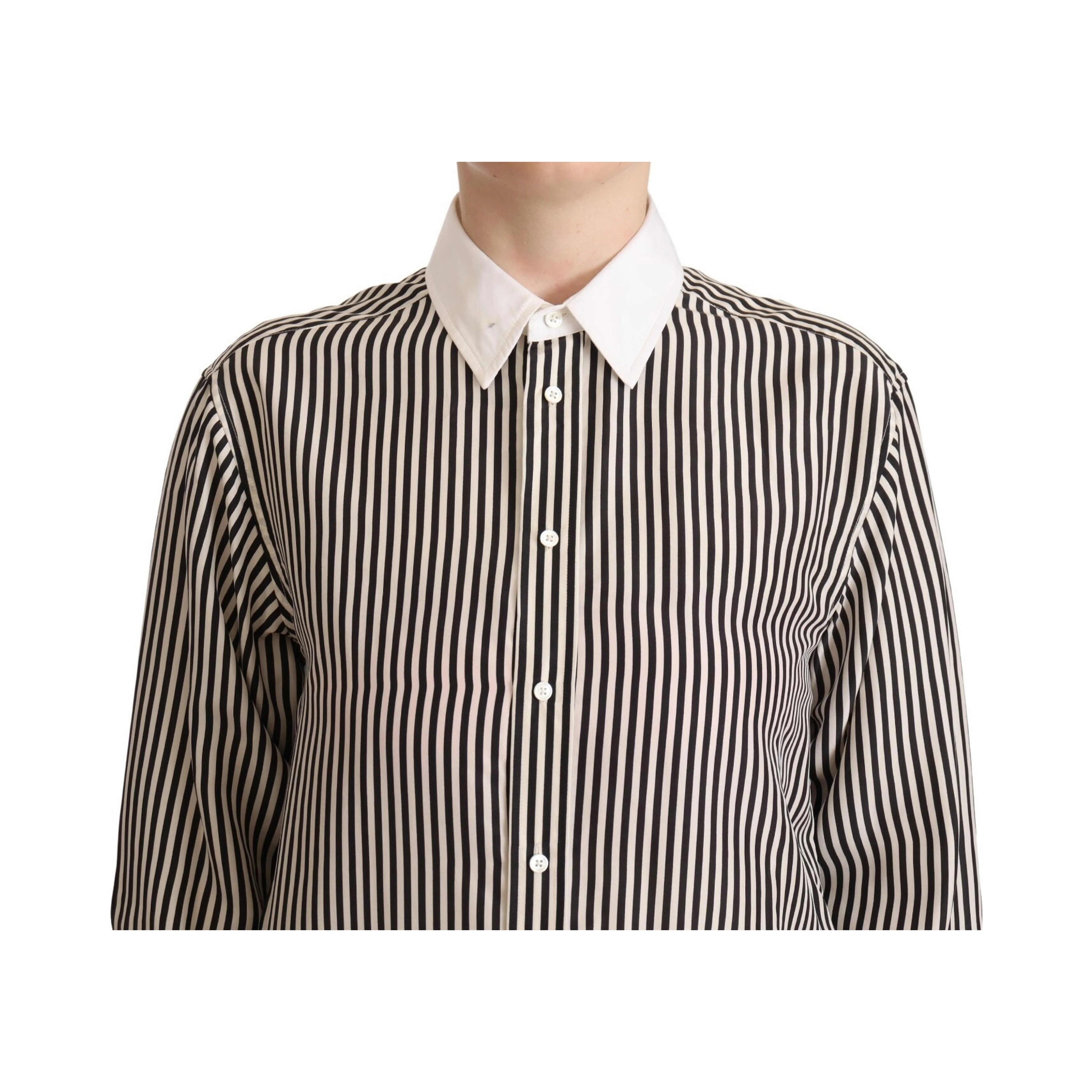 Black White Striped Long Sleeves Collared Top