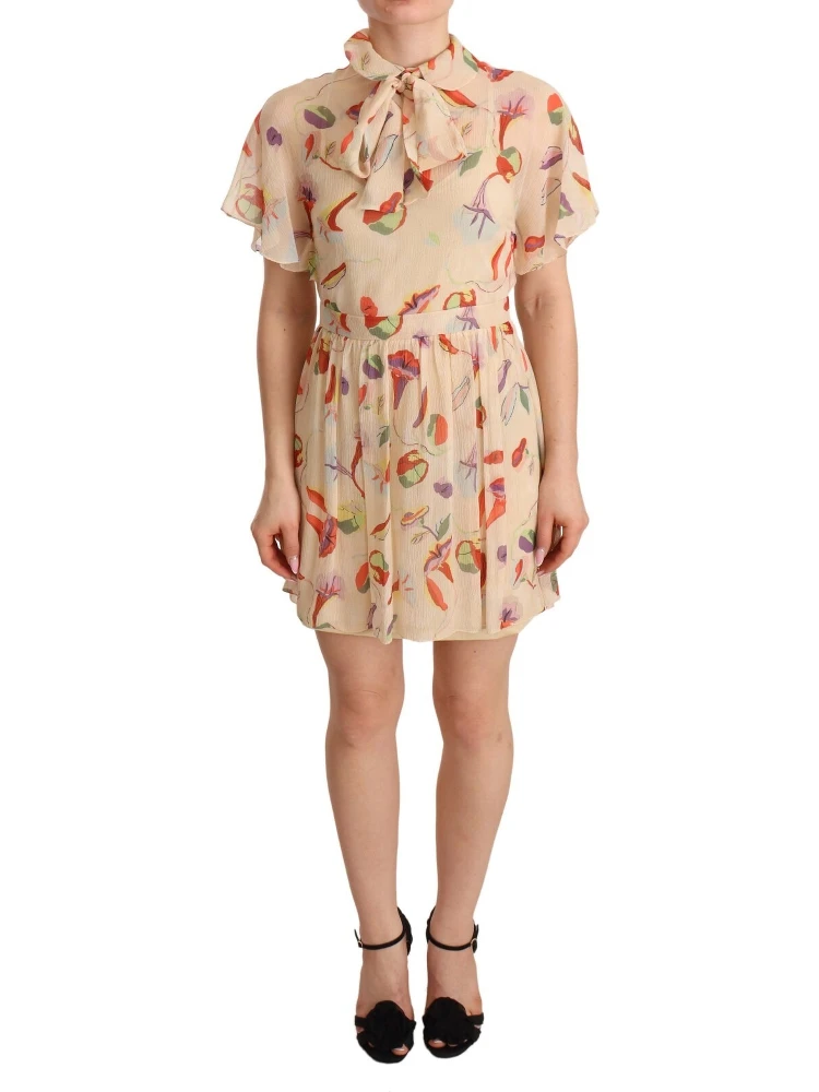 Beige Ascot Collar Short Sleeves Aline Mini Dress