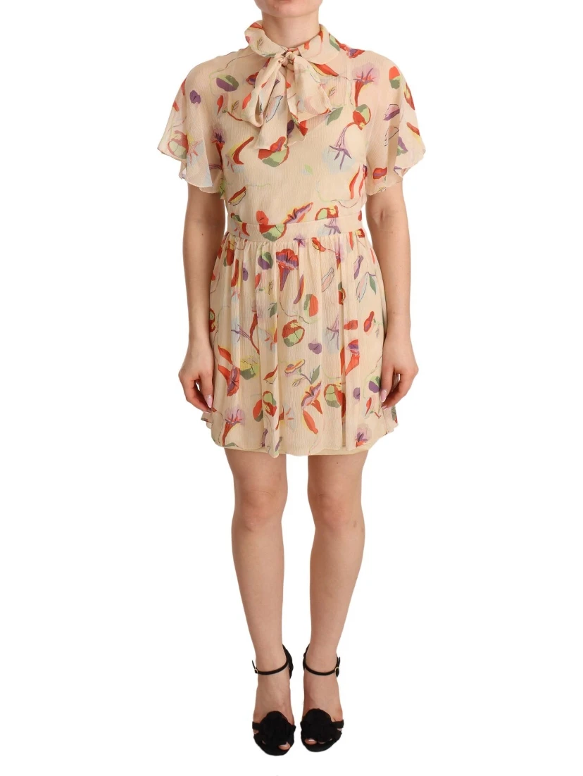 Beige Ascot Collar Short Sleeves Aline Mini Dress