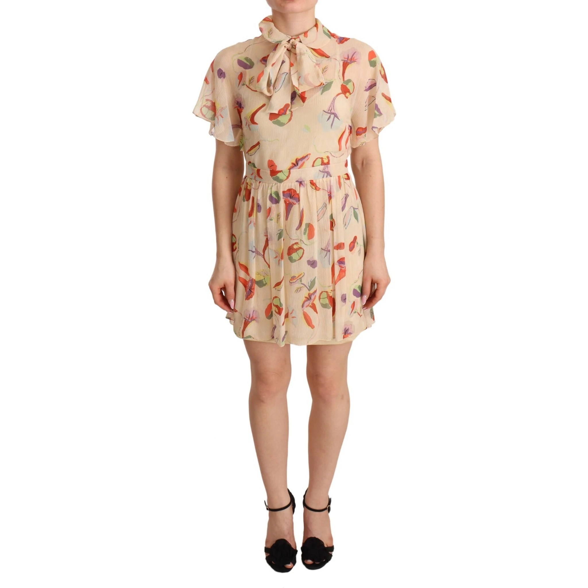 Beige Ascot Collar Short Sleeves Aline Mini Dress