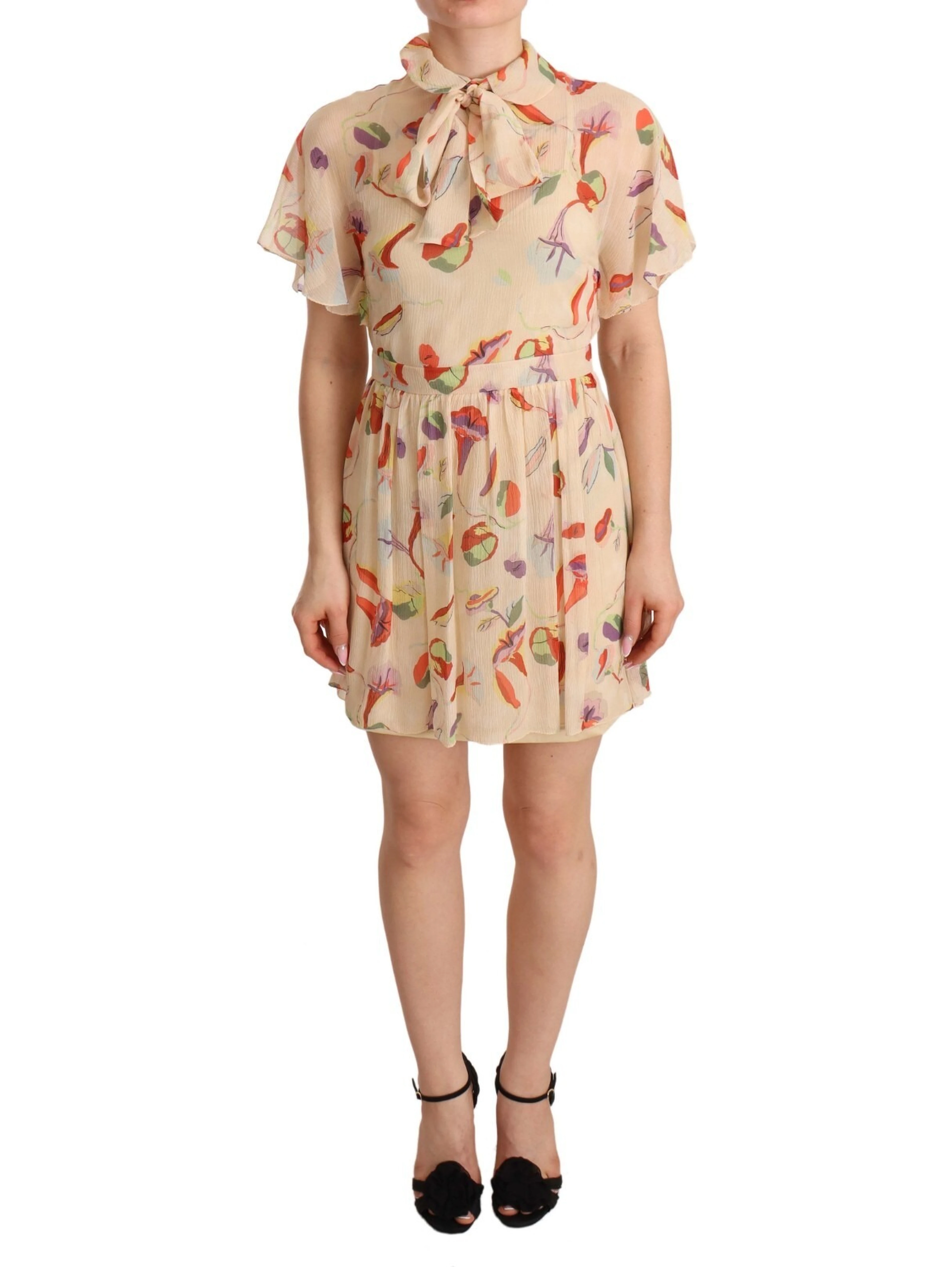Beige Ascot Collar Short Sleeves Aline Mini Dress