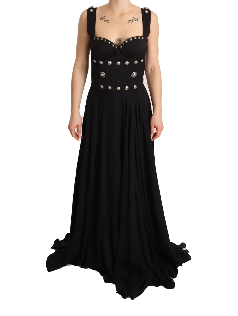 Silk Black Studded Sleeveless A-line Max Dress