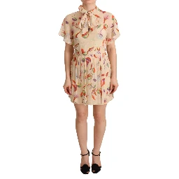 Beige Ascot Collar Short Sleeves Aline Mini Dress