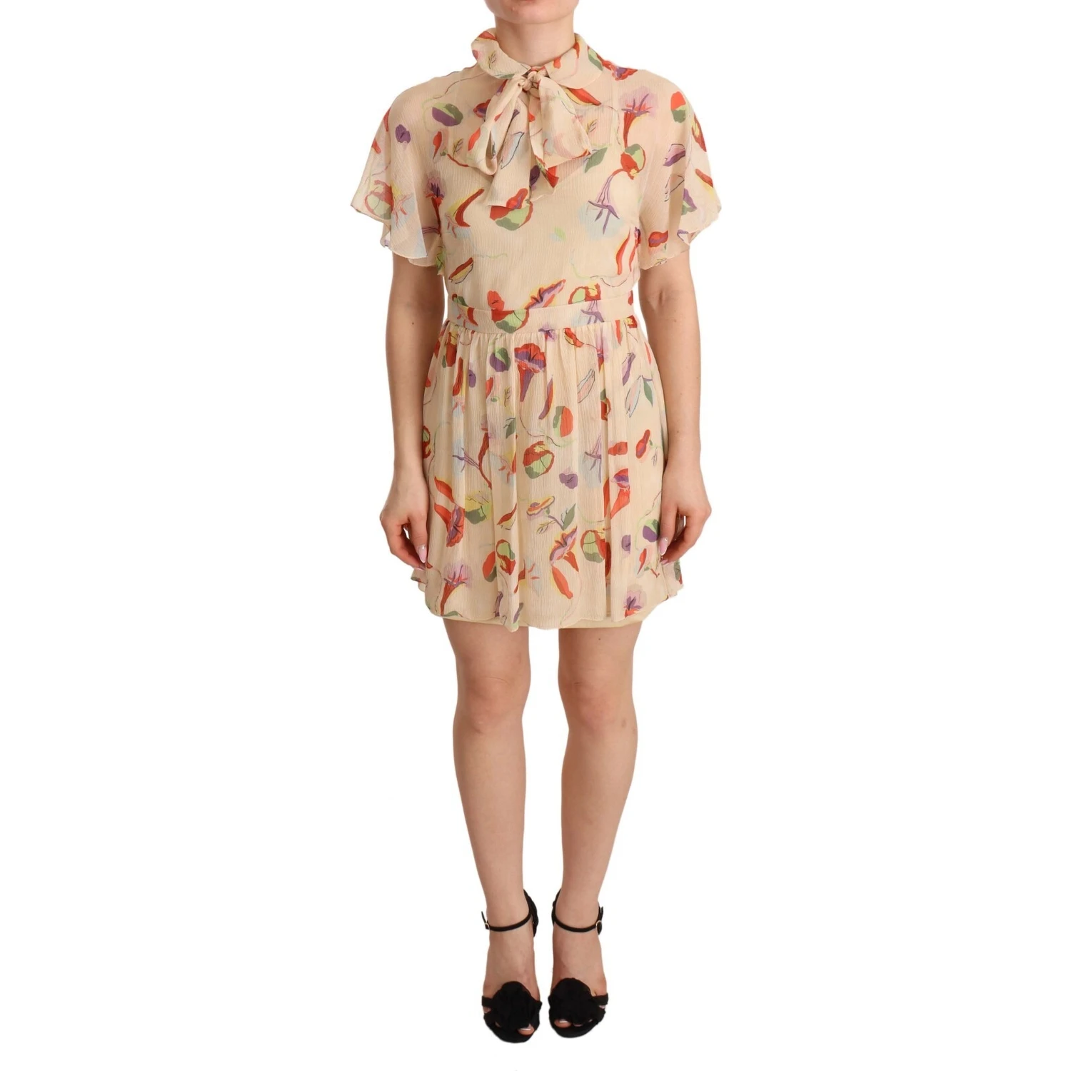 Beige Ascot Collar Short Sleeves Aline Mini Dress