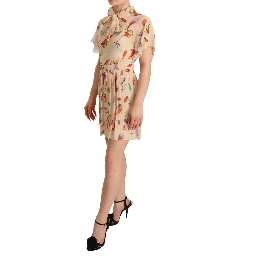 Beige Ascot Collar Short Sleeves Aline Mini Dress