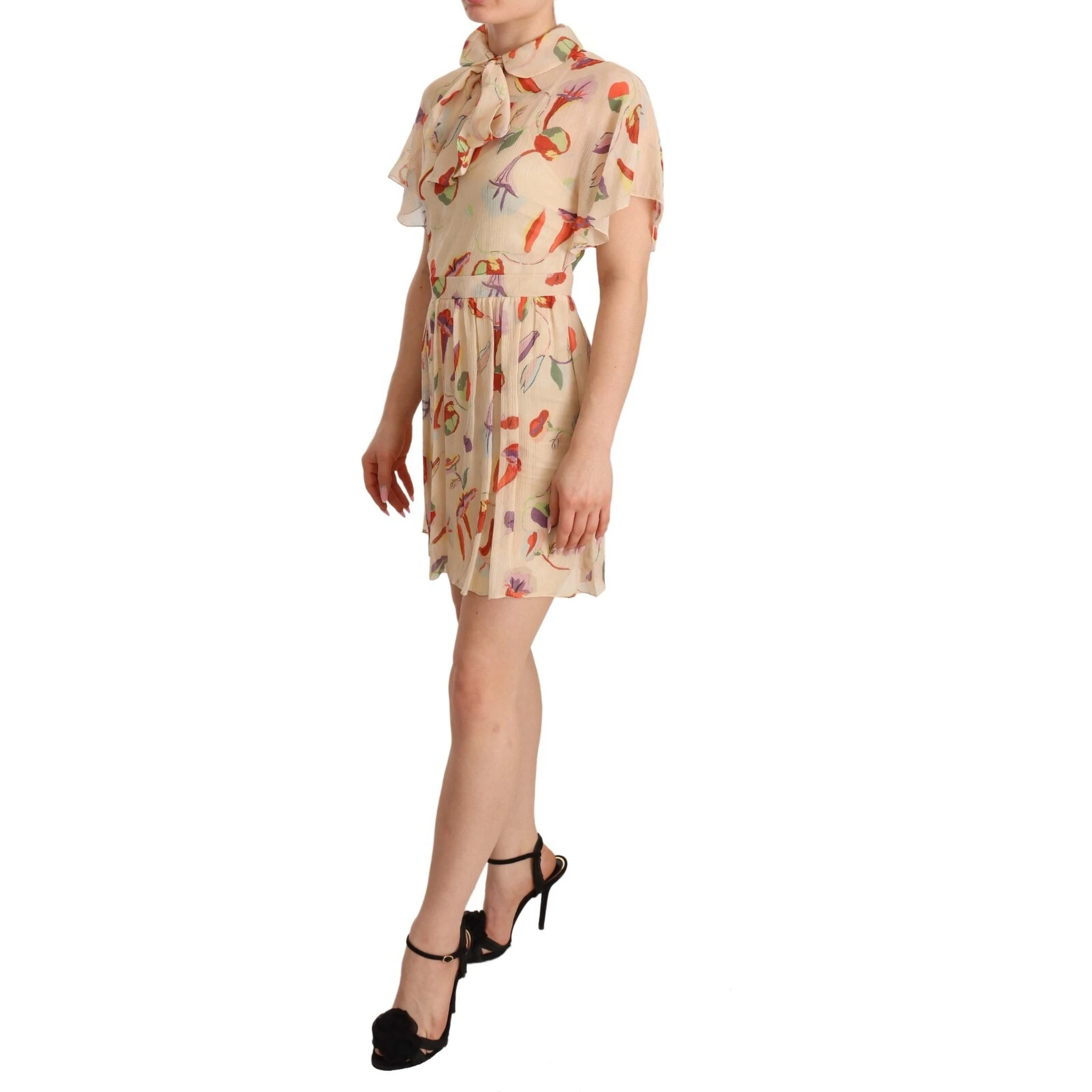 Beige Ascot Collar Short Sleeves Aline Mini Dress