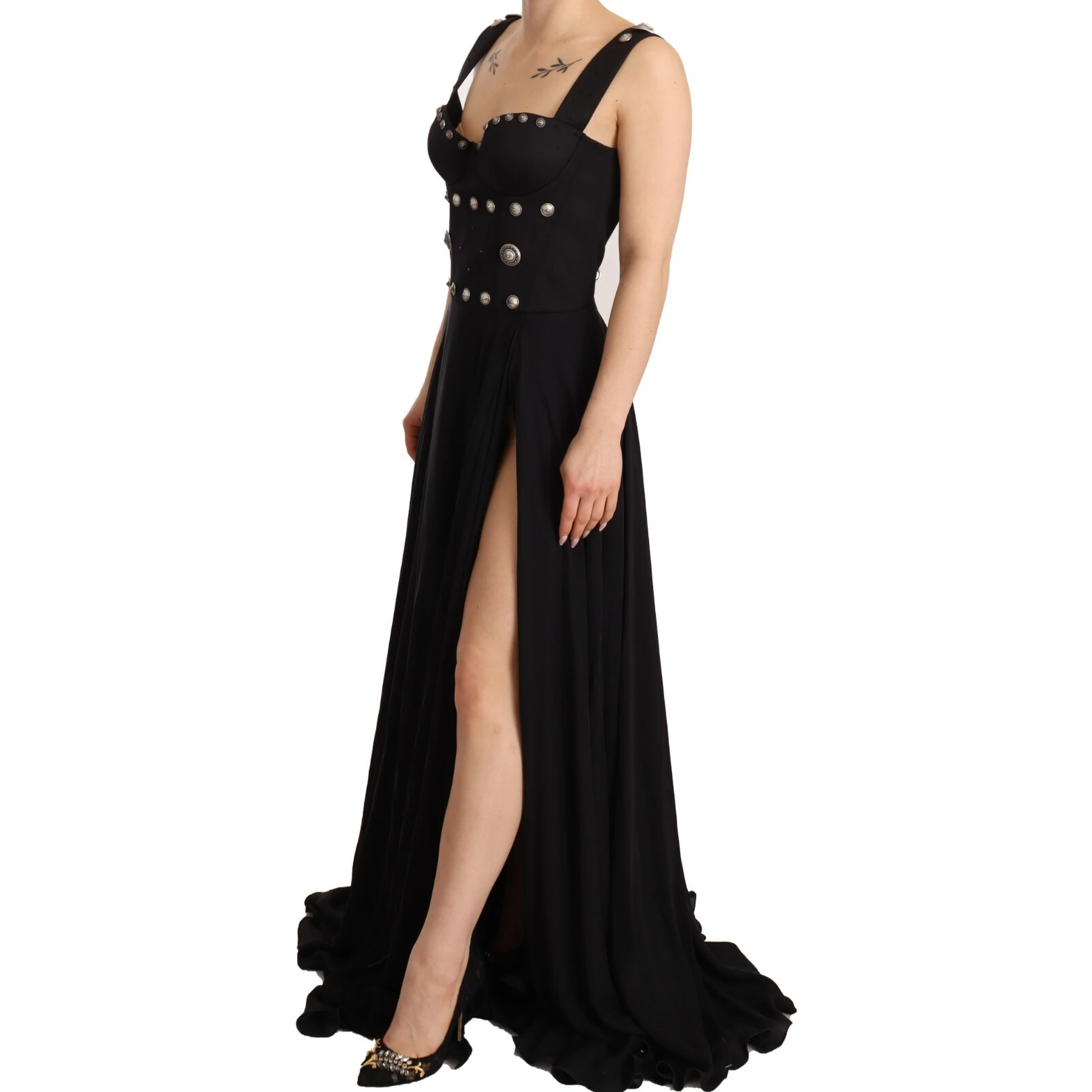 Silk Black Studded Sleeveless A-line Max Dress