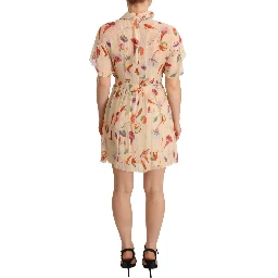 Beige Ascot Collar Short Sleeves Aline Mini Dress