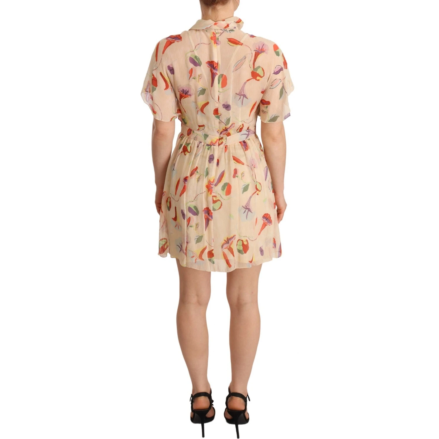 Beige Ascot Collar Short Sleeves Aline Mini Dress