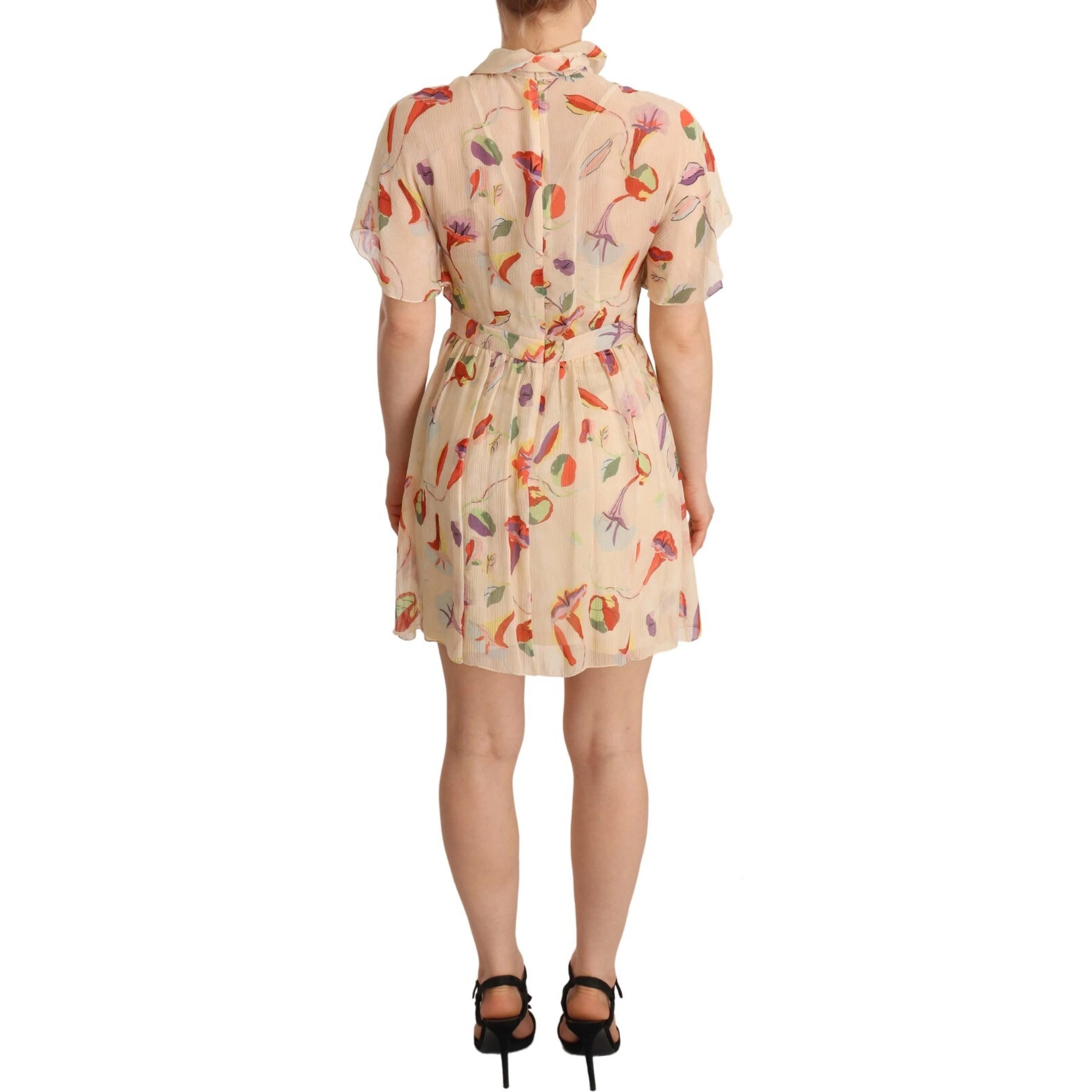 Beige Ascot Collar Short Sleeves Aline Mini Dress