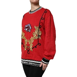 Red Cotton Queen Sequined Pullover Sweater