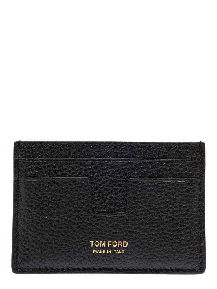 Black Card Holder with Embossed Logo Lettering on the Front in Grained Leather Man