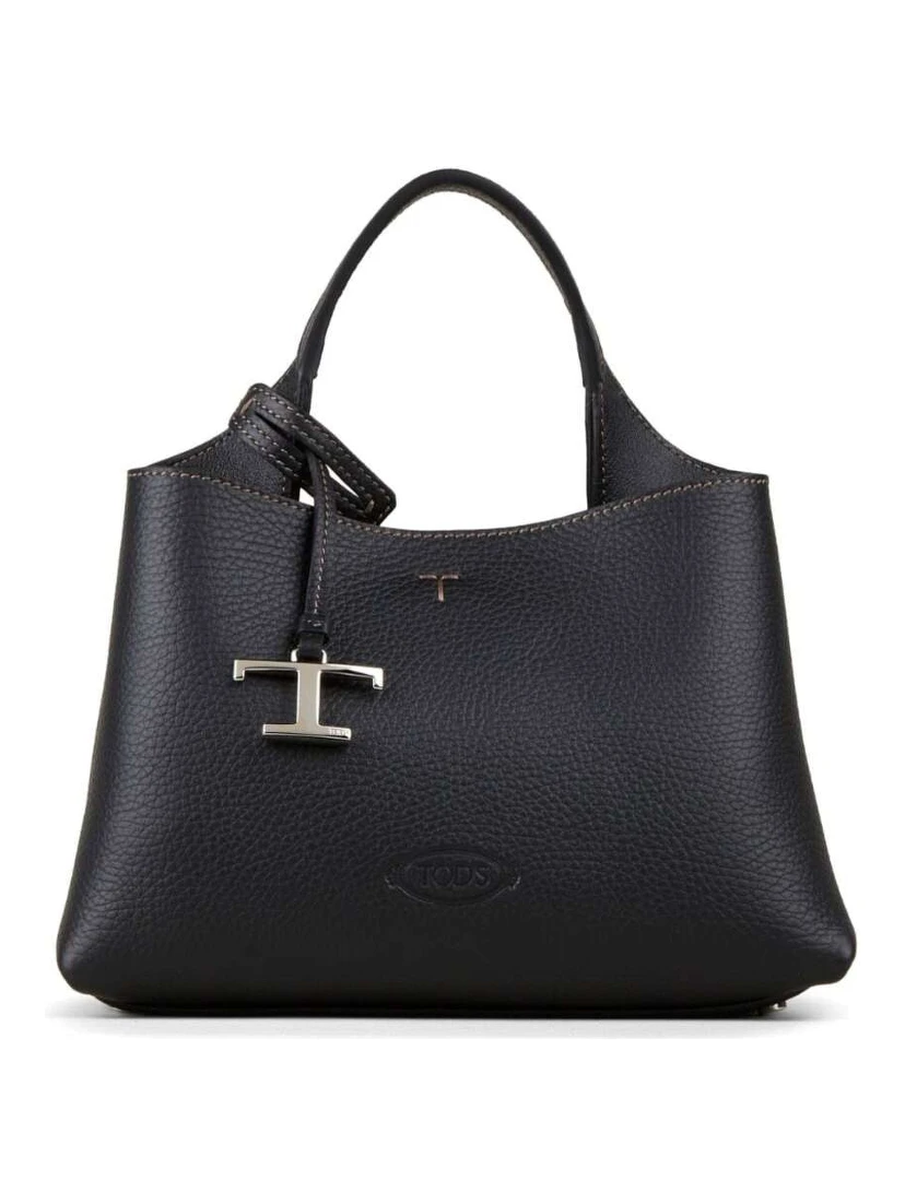 Micro Black Handbag with Embossed Logo and T Timeless Pendant in Grain Leather Woman