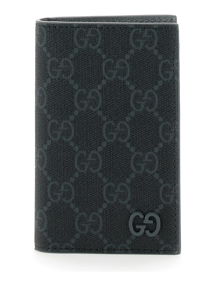 Black Card Holder with All-Over GG Motif and Logo on the Front in Fabric Man