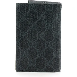Black Card Holder with All-Over GG Motif and Logo on the Front in Fabric Man