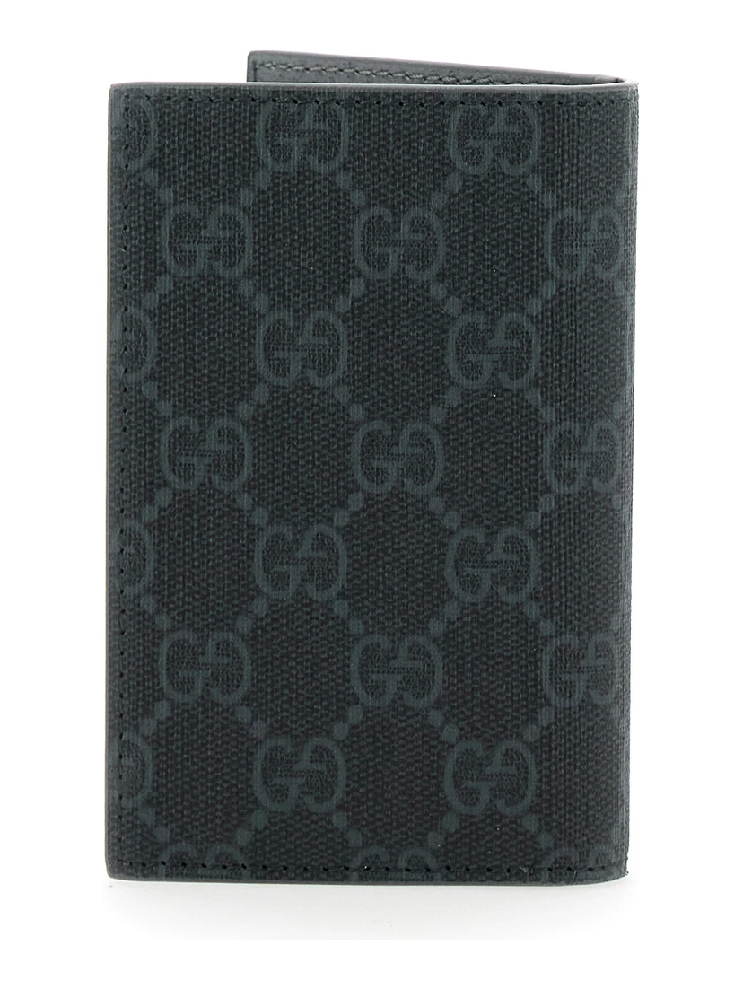 Black Card Holder with All-Over GG Motif and Logo on the Front in Fabric Man