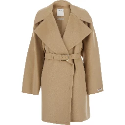 Beige Coat with Wide Classic Lapels and Waist Belt in Wool Woman
